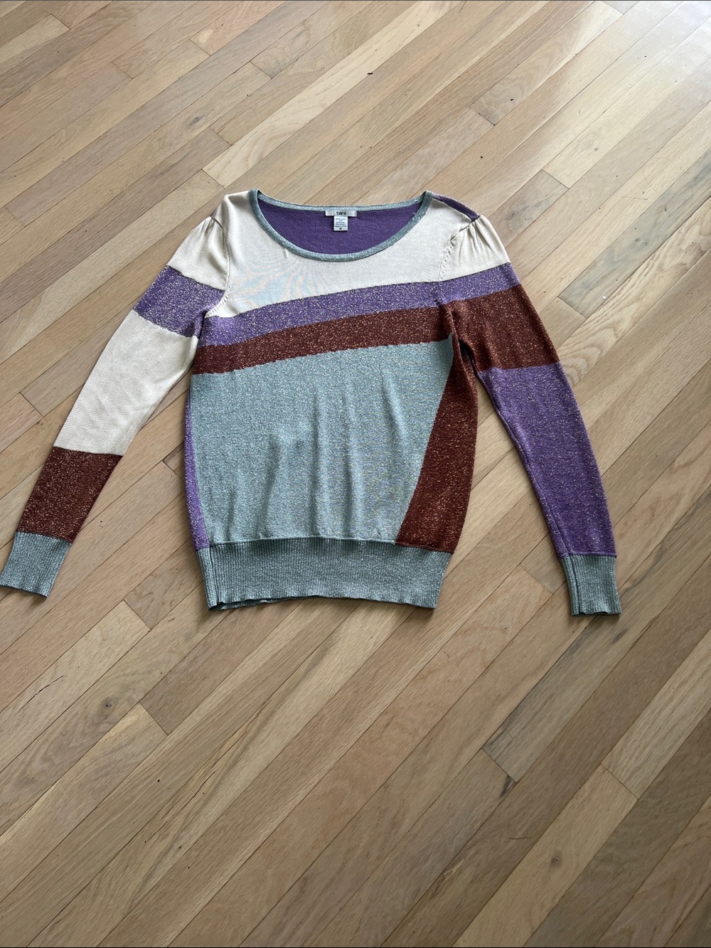 Bar III Striped Scoop Neck Metallic Knit Sweater in Purple, Rust, Cream & Gray